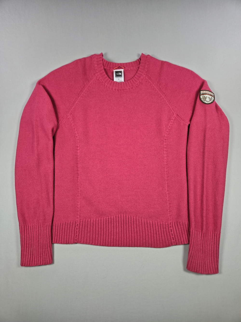 The North Face Pink Raglan Crewneck Sweater with Sleeve Patch - Size Small